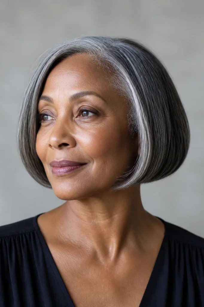 Gray classic bob, front view, Black woman, timeless hairstyle for women over 70