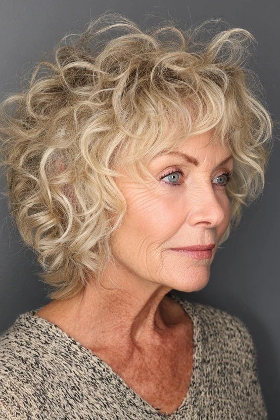 Blonde curly bixie haircut front view for women over 60