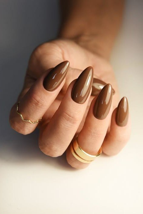 Caramel Brown Glossy Almond Nails - brown nail idea for women over 50