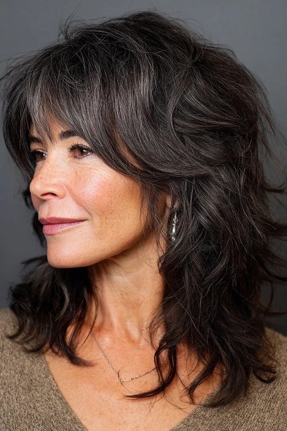 Textured Dark Grey Wavy Shag - medium shag haircut for women over 40