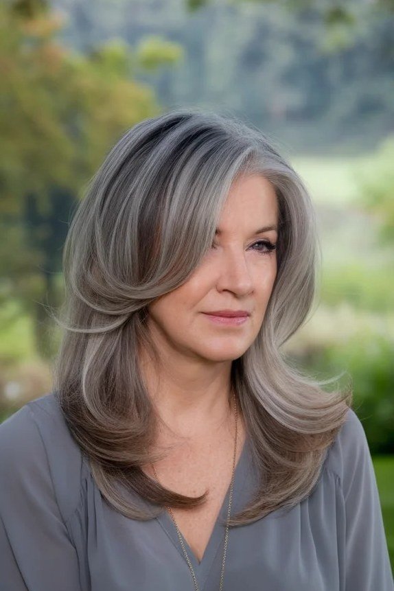 Silver Straight Shoulder-Length Hair, medium hairstyle for women over 70