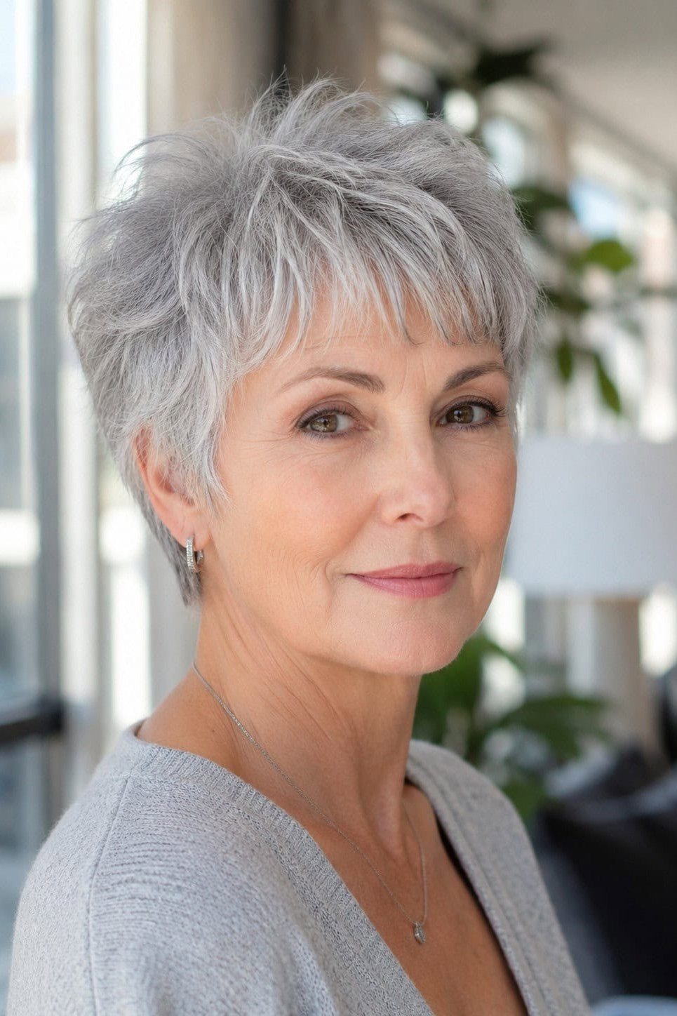Soft grey wispy pixie with feathered bangs, light cardigan