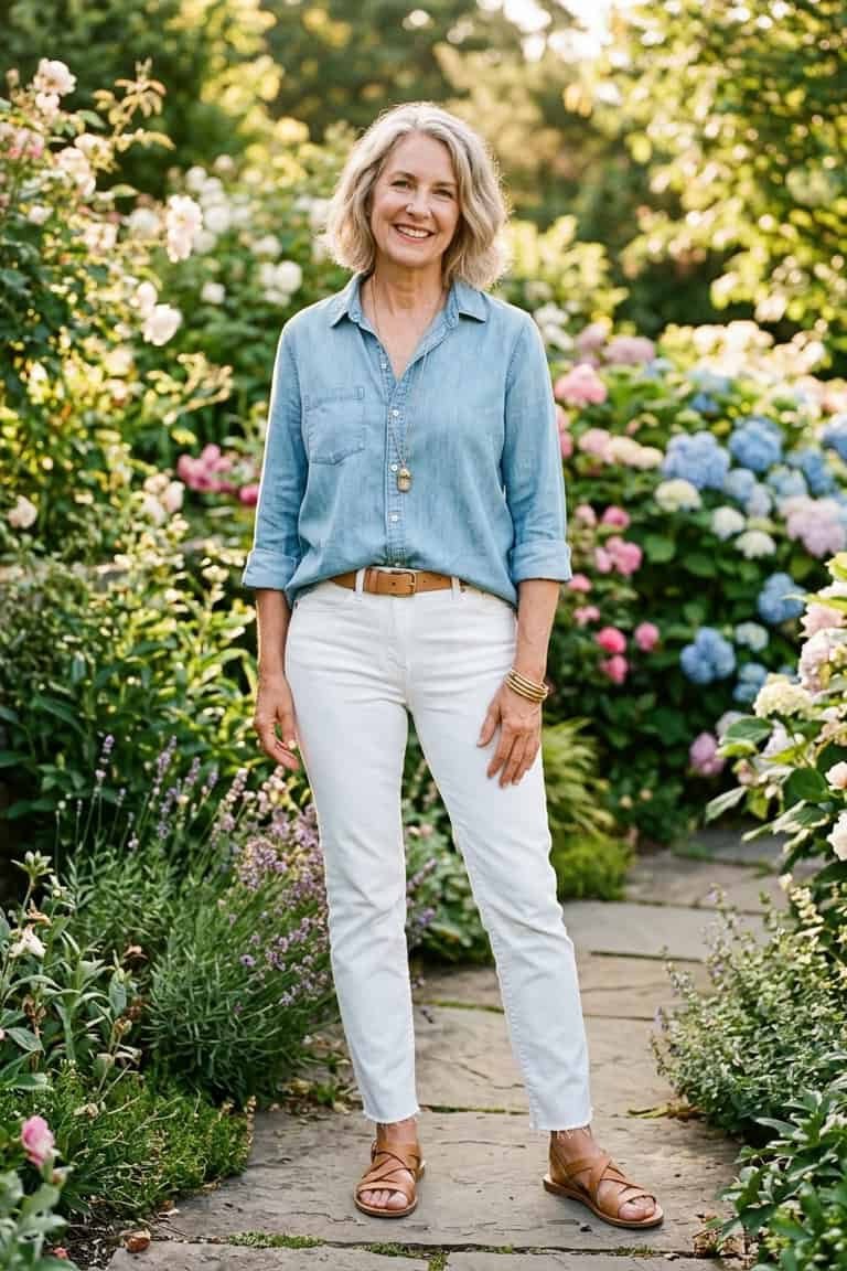 Woman over 50 wearing chambray shirt with white jeans and sandals, everyday casual outfit idea