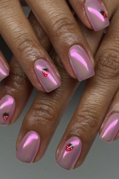 Almond pink-purple chrome nails with strawberry dots