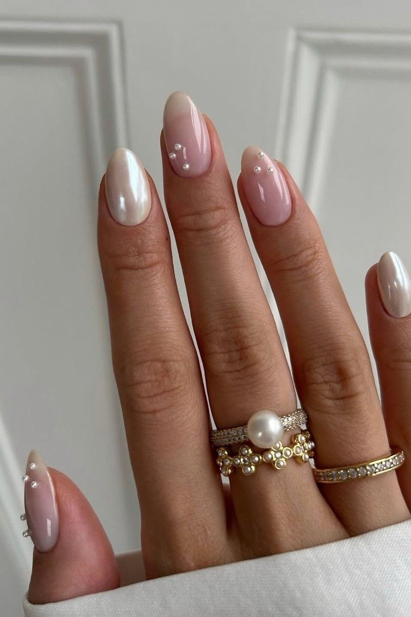 Nude Pink Almond Nails with Pearl Rings - pearl finish nail idea for women over 60