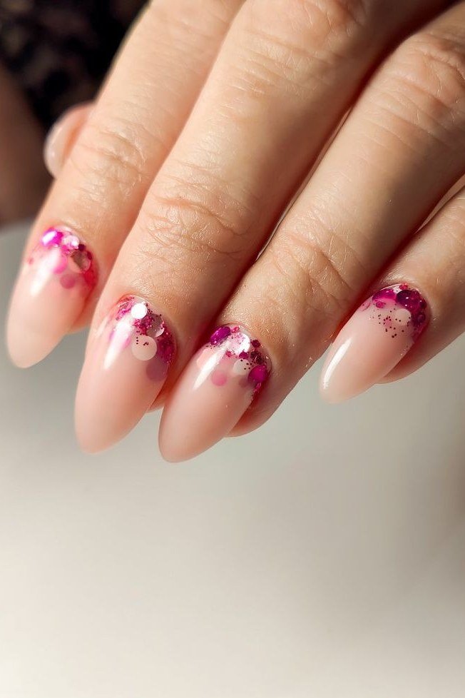 nude pink nails with pink floral tip art