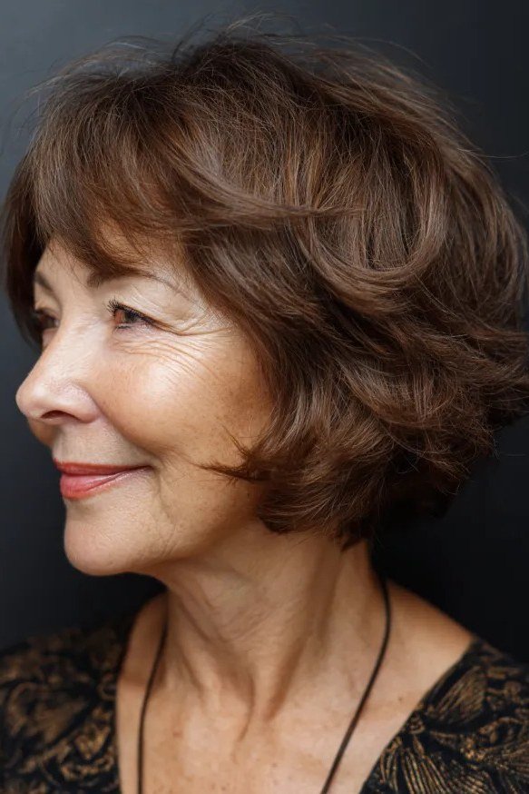 Brunette Layered Bob With Soft Waves for women over 60