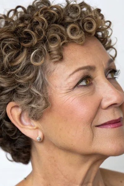 Salt-and-pepper curly lob with crown lift, mature woman