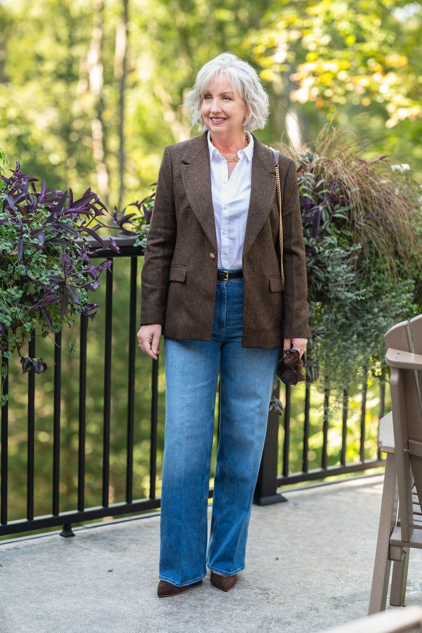 Brown blazer with white shirt and jeans, polished casual fall outfit for women over 50