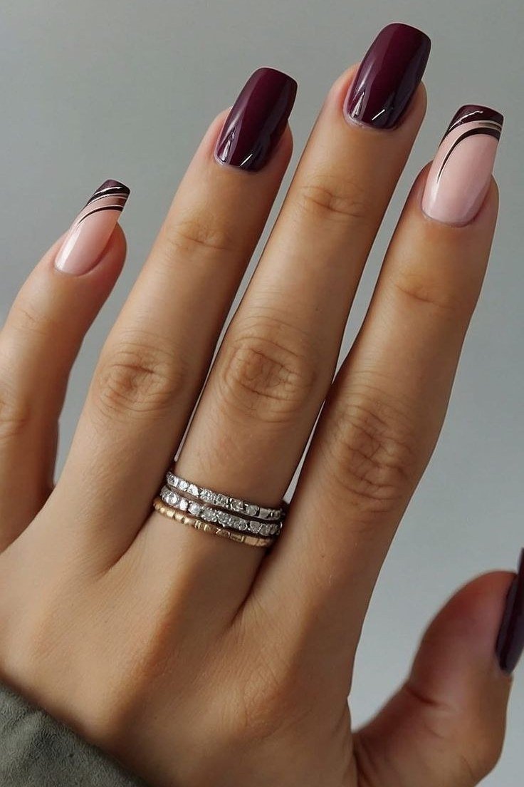 Burgundy and Nude Nails with Black Tips, fun winter nail idea for women over 60