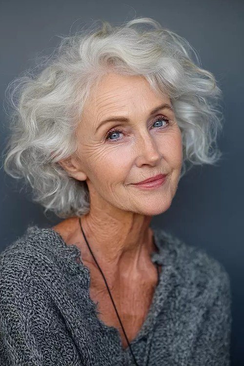 Voluminous White Curly Bob - short wavy bob hairstyle for women over 60
