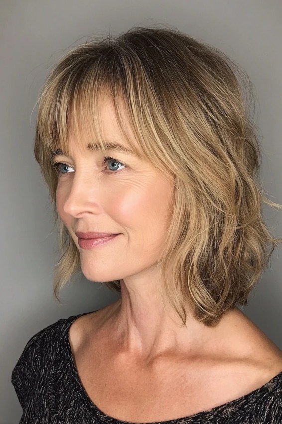 Layered blonde haircut with bangs on an older woman, side view, medium hairstyle for women over 60
