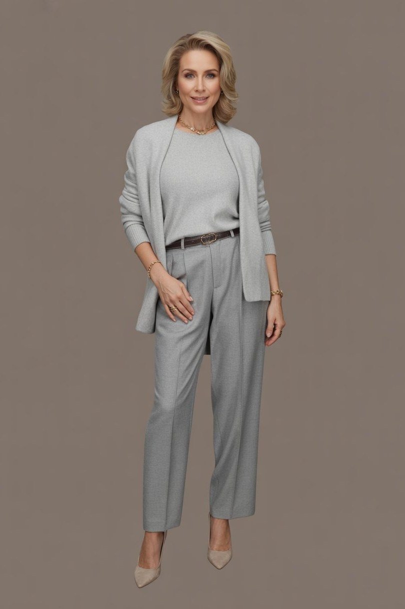 Woman in gray tailored pantsuit with heels