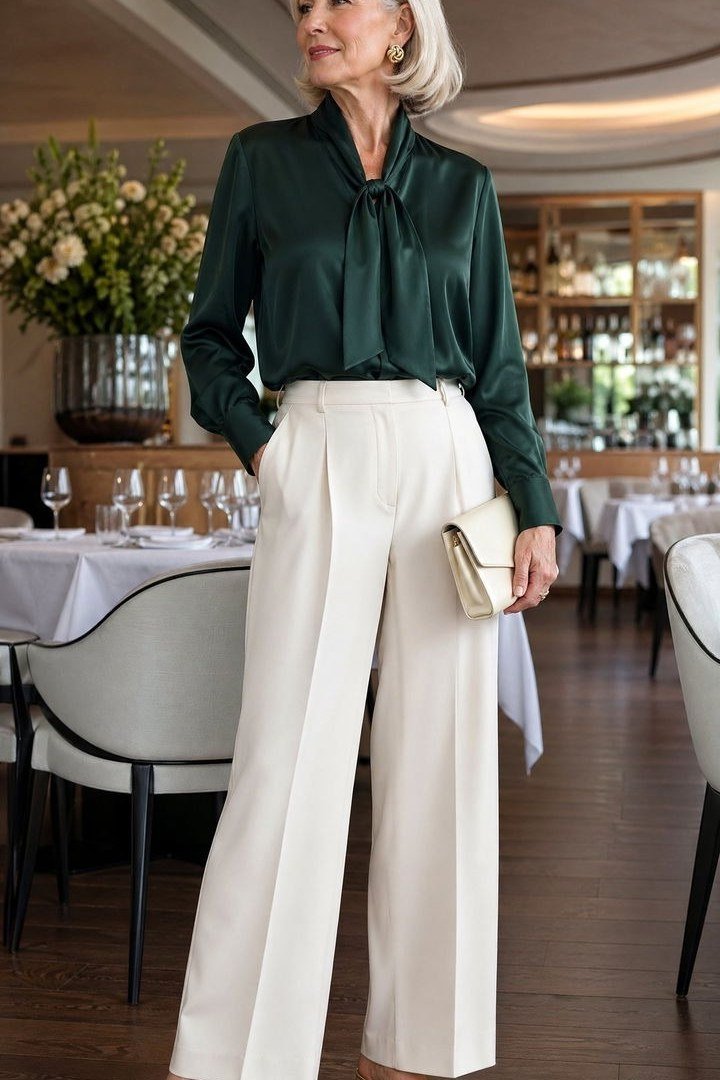 emerald green blouse with cream wide leg trousers, jewel tone outfit for women over 50