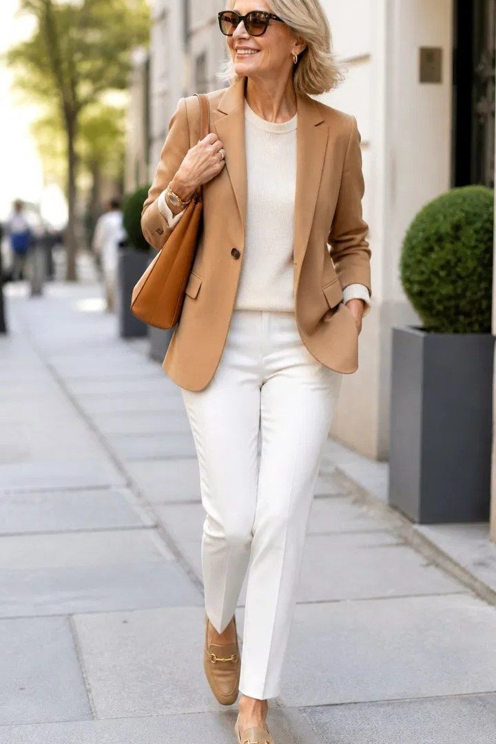 camel blazer white tee white trousers over 50