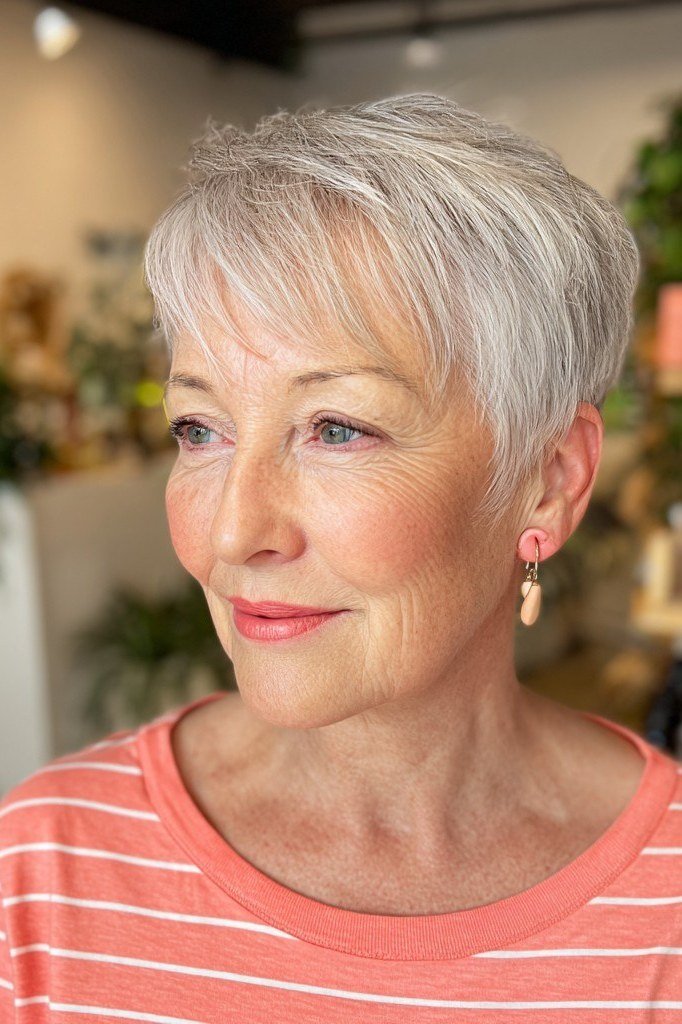 White pixie, three-quarter view, coral top, micro pixie cut for women over 60 going silver