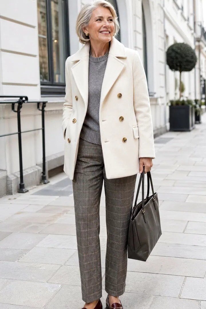 White Double-Breasted Blazer with Gray Trousers, classy outfit for women over 60