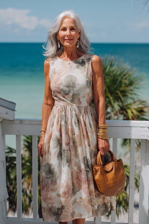Neutral Floral Fit and Flare Midi summer outfit idea for women over 60