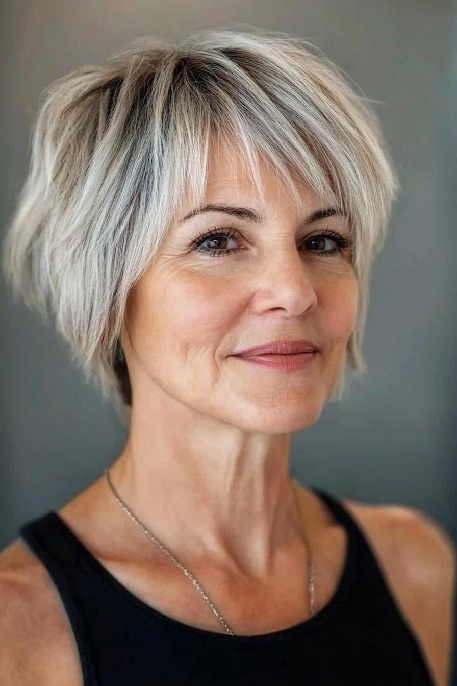 Silver choppy bob with bangs for women over 60, front view
