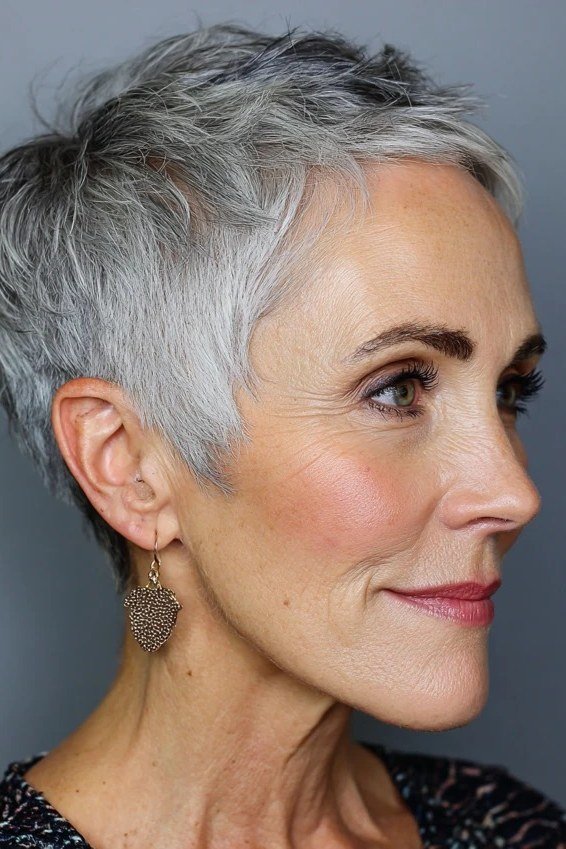 silver gray pixie with bangs for women over 50 side view