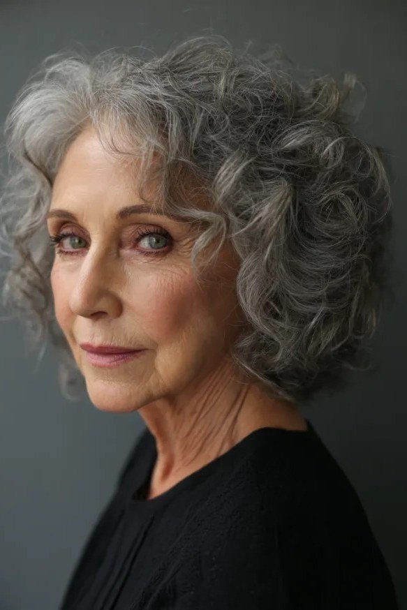 Silver curly bob, front view, smiling, classic hairstyle for women over 70
