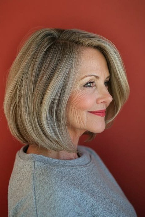 Blonde bob side view, red bg, short layered bob hairstyle for women over 60