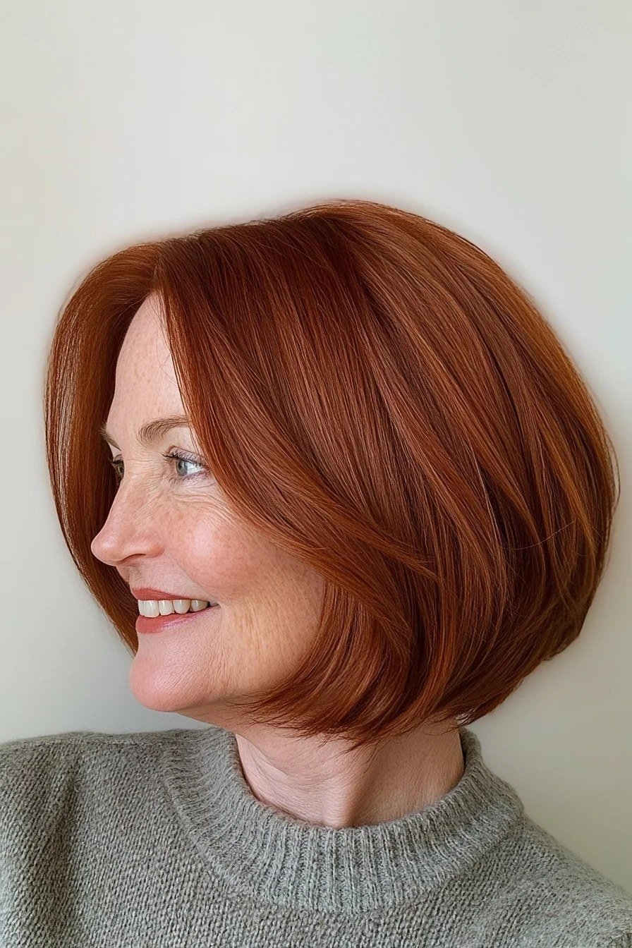 Copper-red french bob with bangs in side profile