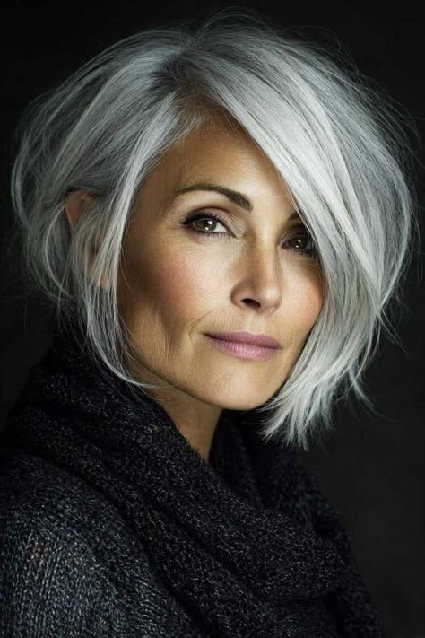 Asymmetric Silver Bob - grey shoulder length hairstyle for women over 60