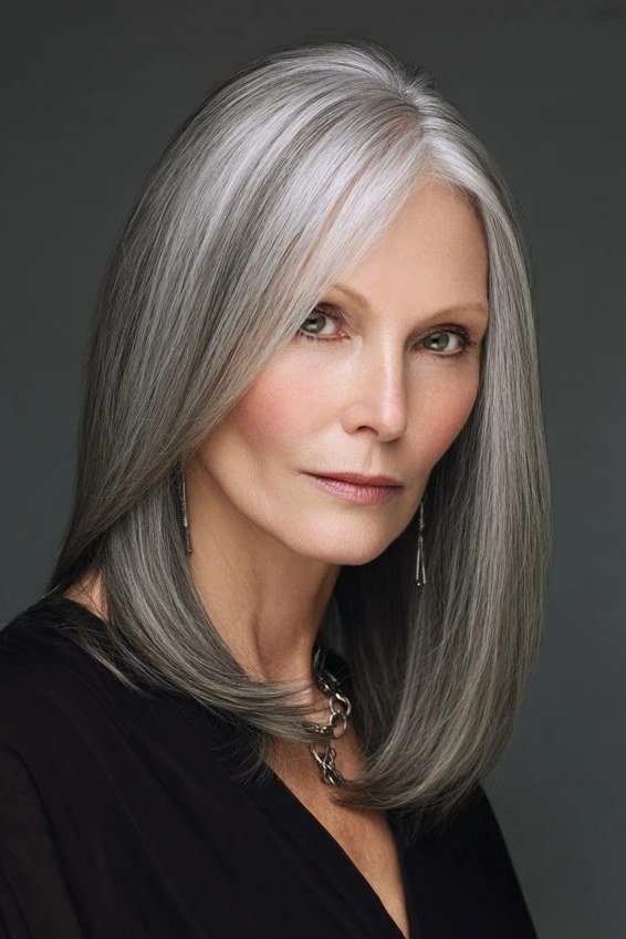 grey straight lob, front view for women over 50