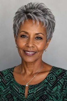 Short grey textured pixie, cropped layers, front view for women over 60