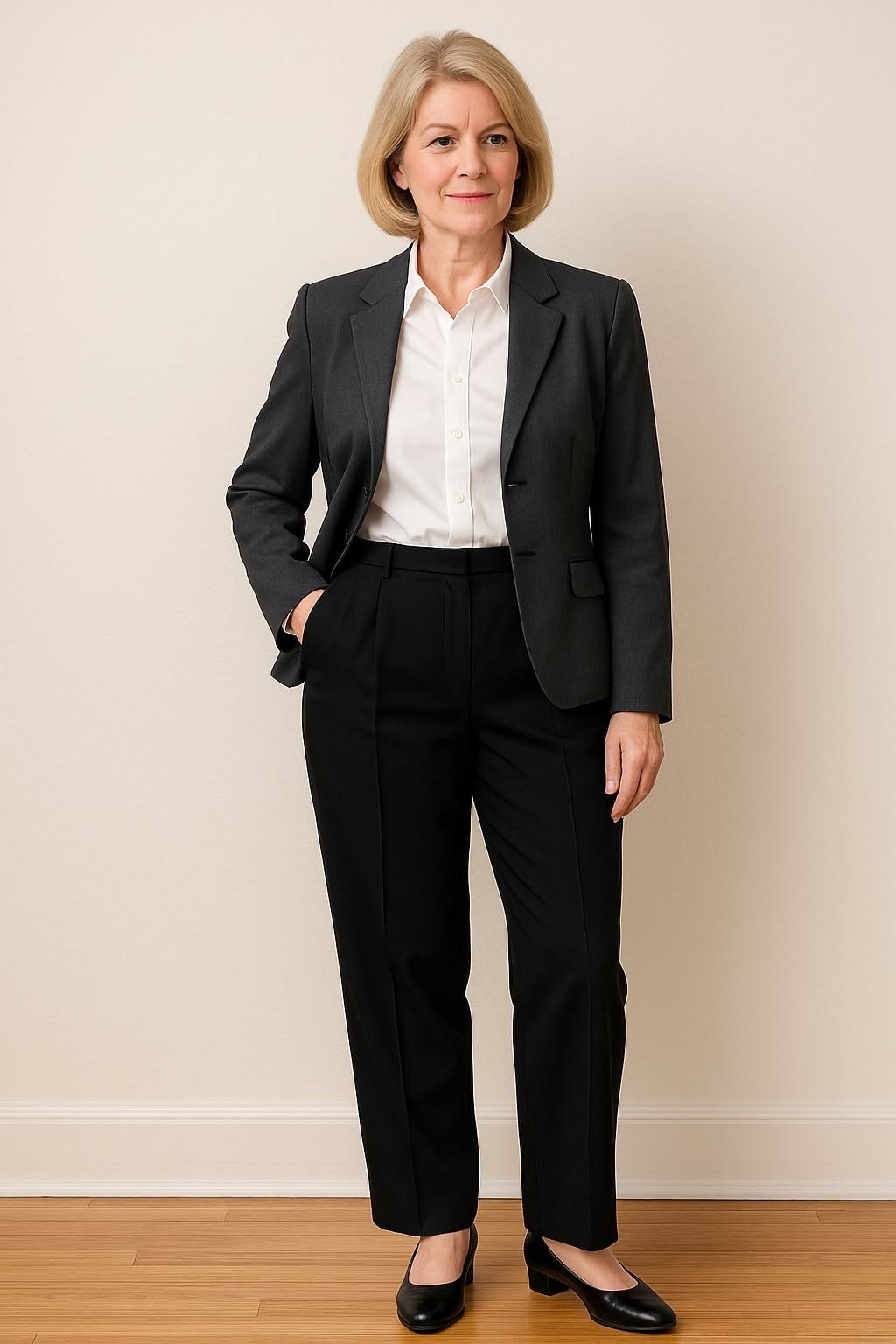 Older woman wearing a dark grey blazer with a white shirt and black trousers