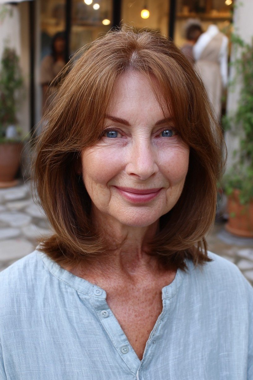 Chestnut brown layered medium haircut for women over 60