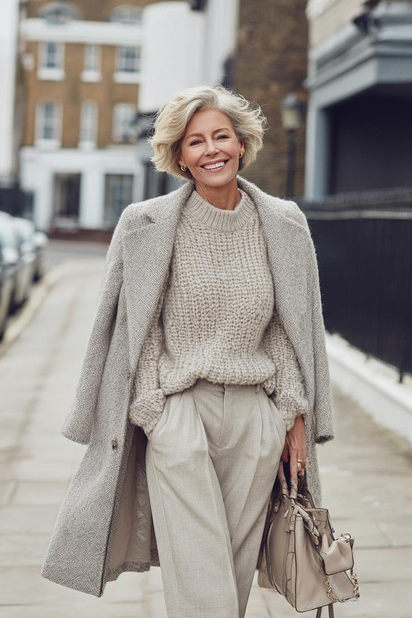 grey chunky knit with grey wide-leg trousers and grey coat for women over 50
