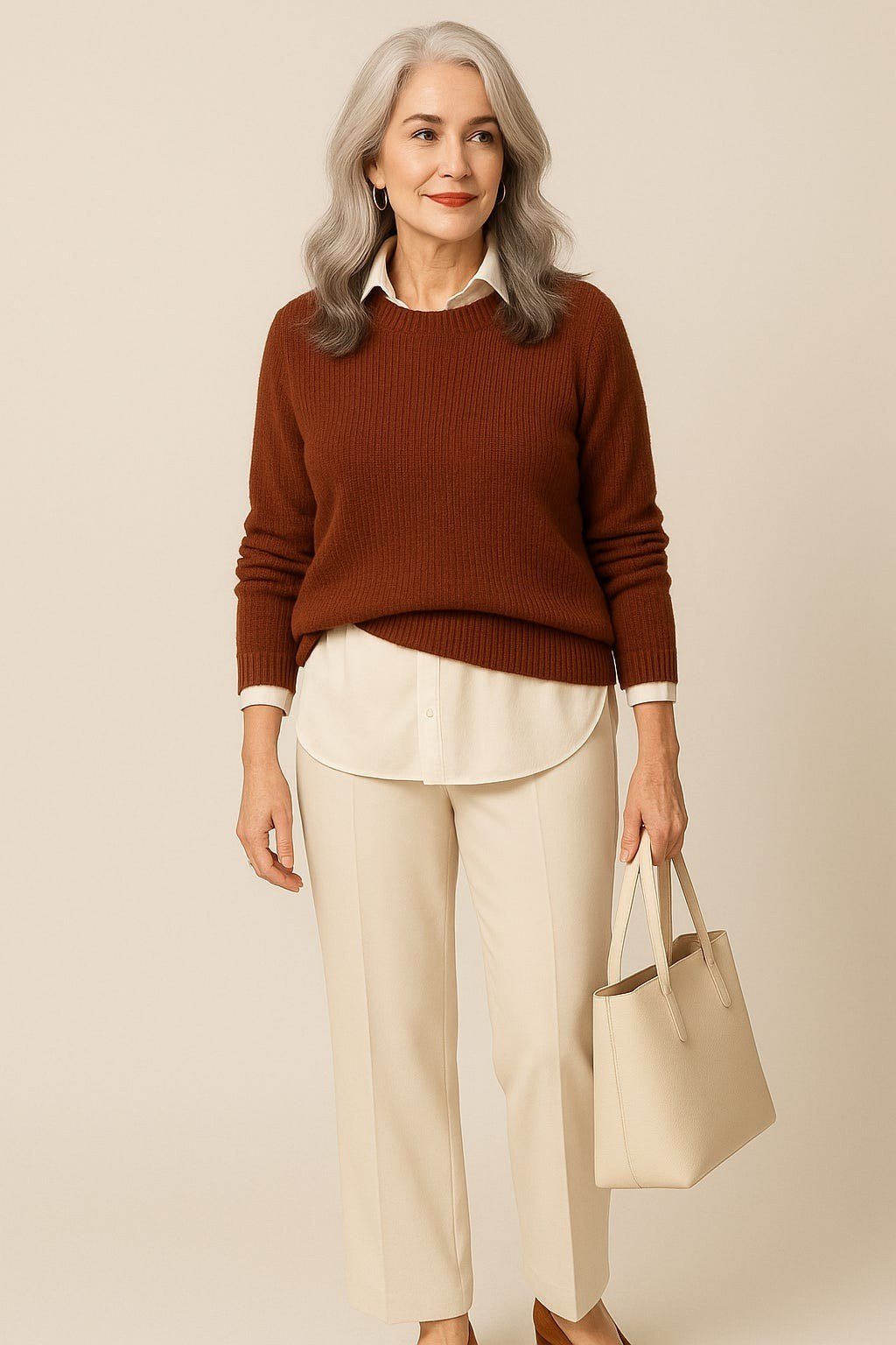 Rust brown sweater over cream shirt with cream wide trousers and cream tote