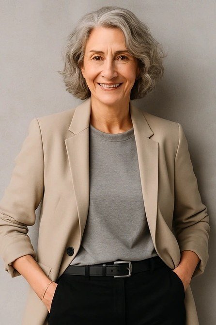 Taupe blazer grey top black trousers, grey-haired woman against wall - business casual work outfit for women over 50