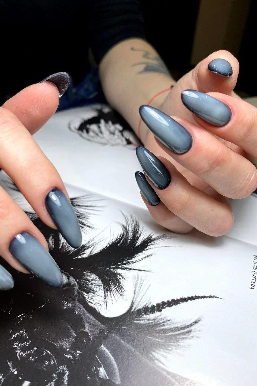 Blue gray ombre on medium almond nails, ombre nail design for women over 60