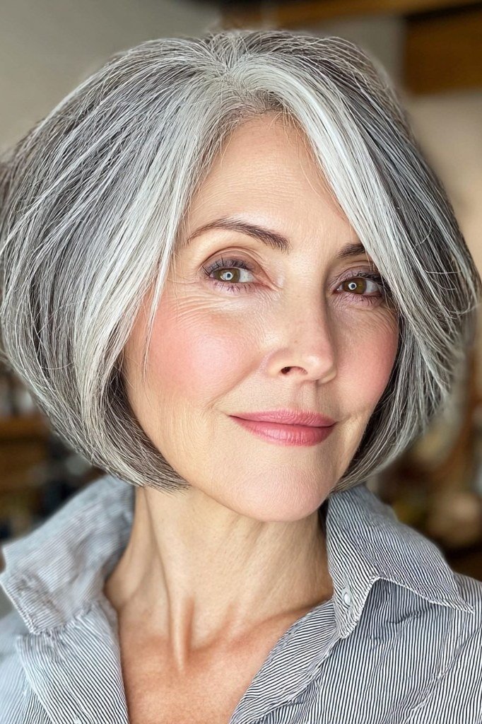 Silver Rounded Bob with Bright Face Frame for women over 70