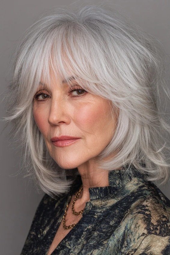 wavy white medium bob, front view, medium length hairstyle for women over 60