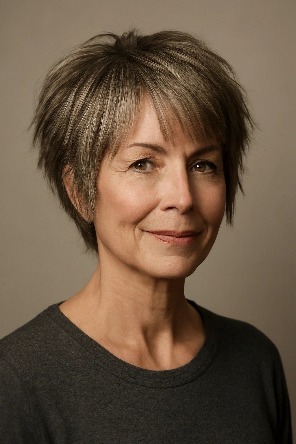 Choppy bob hairstyle for women over 60: grey bob side view brown top