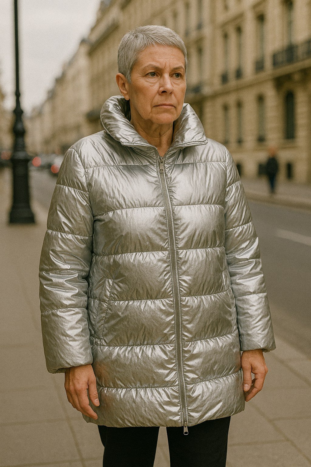 Stylish winter outfit for women over 60: silver metallic puffer jacket on a city street