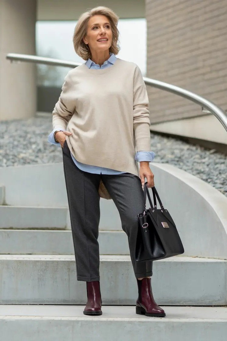 Beige relaxed sweater with grey trousers and burgundy ankle boots