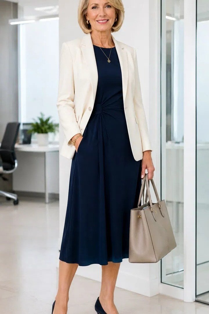 Cream blazer with navy midi dress and tote in an office