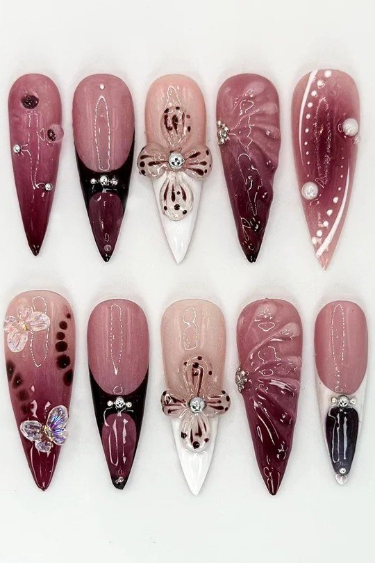 Burgundy gradient press on nails with rhinestones for women over 50