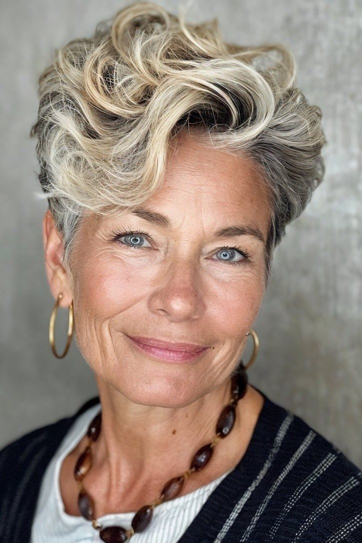 Silver pixie haircut for women over 70, multi view collage