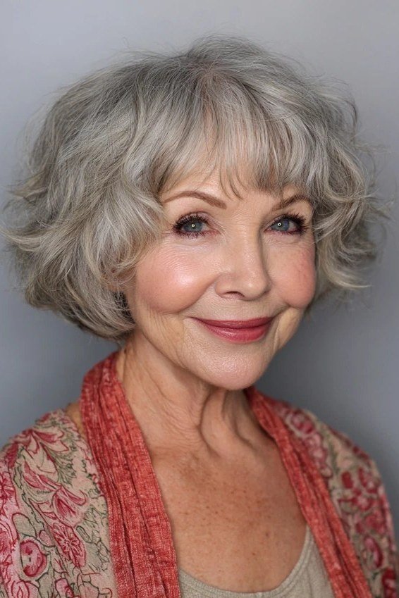 Grey Curly Bob with Short Bangs - shaggy bob haircut for women over 60