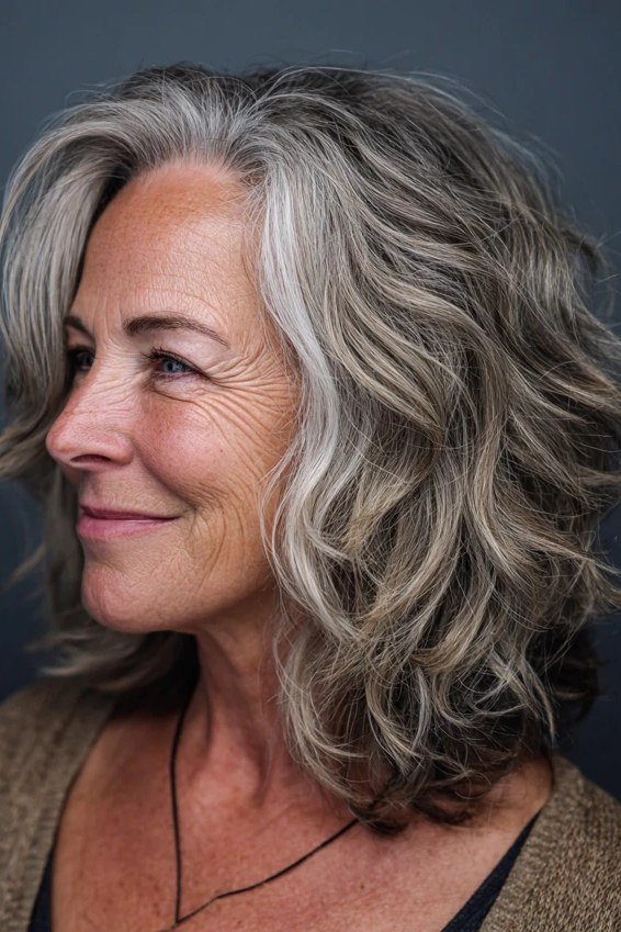 Grey wavy shoulder-length hair, side view, woman in her 60s