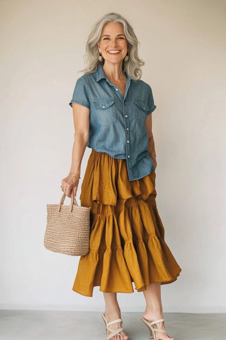 Denim Shirt With Mustard Tiered Skirt - flattering outfit idea for women over 50, how to dress better over 50