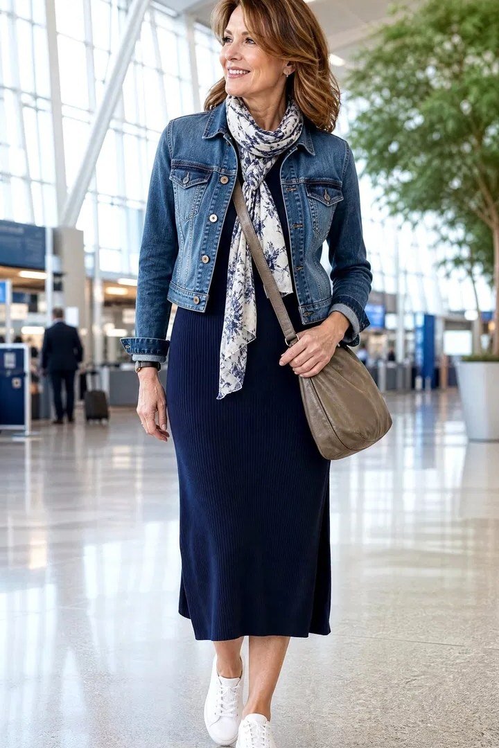 Denim jacket with printed scarf and navy midi skirt, smart casual outfit for women over 40