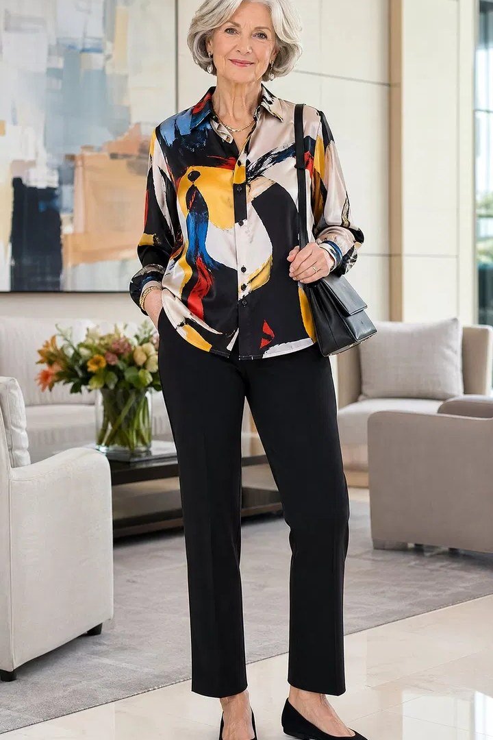 Colorful abstract print shirt with black straight trousers for women over 50
