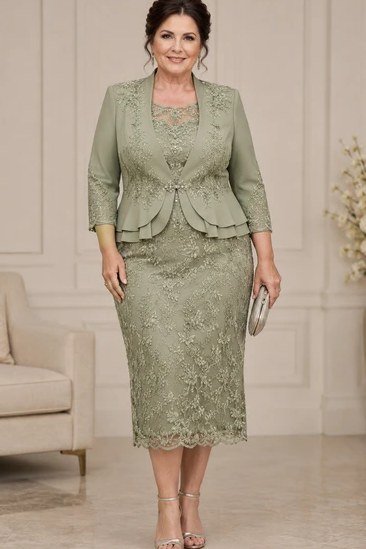 sage green lace MOB dress with peplum jacket, interior,, elegant wedding guest dress for women over 60